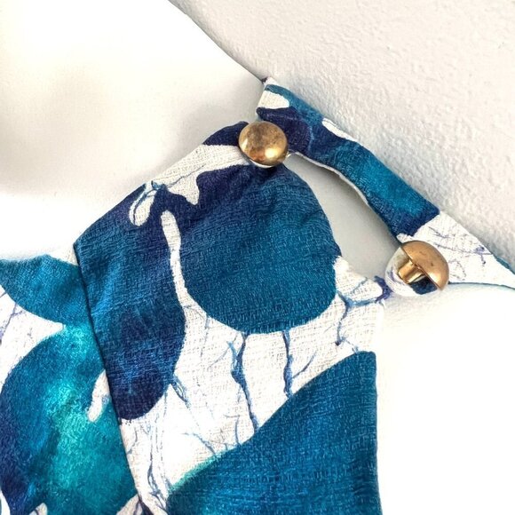 Vintage  60s Hawaiian Barkcloth Maxi Dress Tiki Kahili Honolulu Peekaboo Sleeves - Picture 10 of 12